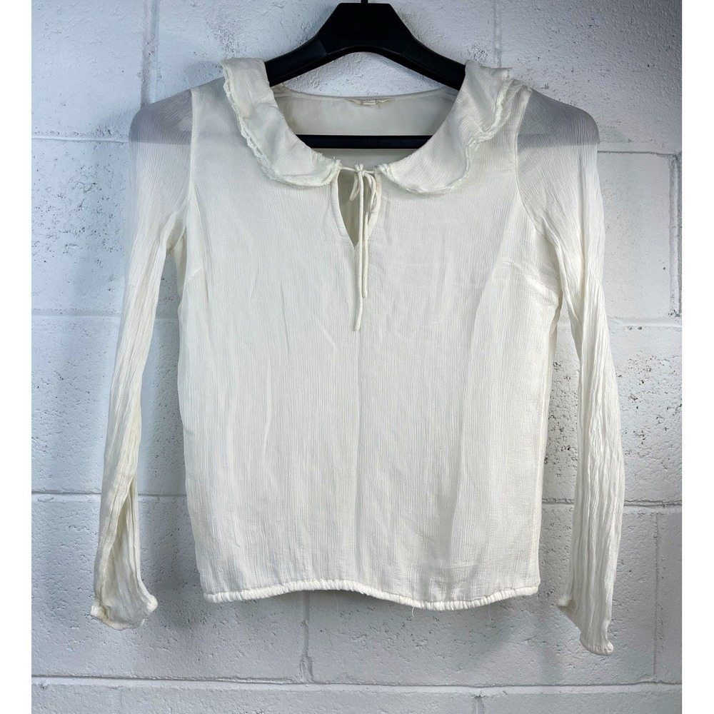 Lucky Brand White Chiffon Blouse S Peter Pan Collar Ruffle Lace Tie Long Sleeve